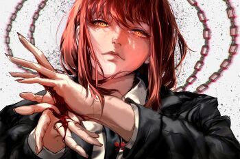 Rule 34 | 1girl, artist name, black coat, black necktie, blood, chain, chainsaw man, closed mouth, coat, collared shirt, commission, esmile, highres, looking at viewer, makima (chainsaw man), necktie, ringed eyes, shirt, solo, white shirt, yellow eyes