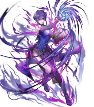 1girl attack aura bare_shoulders blue_hair book boots breasts cleavage dark_aura elbow_gloves fire_emblem fire_emblem:_the_blazing_blade fire_emblem_heroes gloves glowing glowing_eyes highres holding holding_book light_smile magic medium_breasts nintendo non-web_source official_alternate_eye_color official_art purple_boots purple_gloves red_eyes shaded_face short_hair short_hair_with_long_locks side_slit smile solo undead ursula_(fire_emblem)