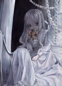 1girl bed canopy_bed commentary_request dress empty_eyes eyelashes flower flower_request gown grey_eyes growing_out_of_body highres long_hair looking_at_viewer monou_pico on_bed original shaded_face solo tears white_dress white_hair