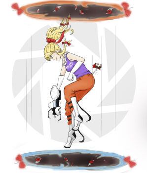 1girl alternate_costume alternate_hairstyle aperture_laboratories aperture_science_advanced_knee_replacement aperture_science_handheld_portal_device blonde_hair boots bow breasts cellphone_charm charm_(object) chell chell_(cosplay) clothes_writing cosplay elbow_gloves female_focus frills gap_(touhou) gloves hair_bow hakurei_reimu highres jumpsuit long_hair medium_breasts motion_lines orange_jumpsuit ponytail portal portal_(object) portal_(series) portal_1 portal_2 power_connection purple_eyes sleeveless smanki solo tank_top touhou unworn_headwear white_gloves yakumo_yukari yukkuri_shiteitte_ne