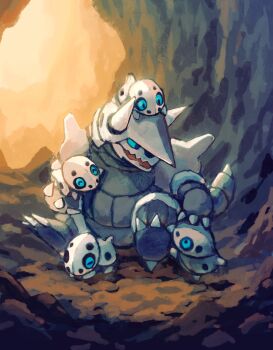 Rule 34 | ^ ^, aggron, aron, aruco co, black eyes, blue sclera, cave, claws, closed eyes, colored sclera, gen 3 pokemon, highres, horns, nintendo, no humans, open mouth, pokemon, pokemon (creature), sitting, spikes