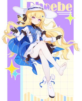 1girl absurdres black_gloves blonde_hair blue_sash ccc-ccc-ccc-ccc character_name closed_mouth commentary full_body gloves hair_ornament hat highres long_hair long_sleeves looking_at_viewer pantyhose phoebe_(wuthering_waves) purple_eyes sash shirt shoes single_shoe skirt smile solo white_hat white_pantyhose white_shirt white_skirt wuthering_waves x_hair_ornament