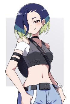 1girl absurdres bare_shoulders blue_hair blue_pants blush bob_cut brown_eyes crop_top green_hair hair_over_one_eye highres looking_at_viewer midriff multicolored_hair navel nintendo pants perrin_(pokemon) piyo_to_game pokemon pokemon_sv short_hair simple_background smile solo