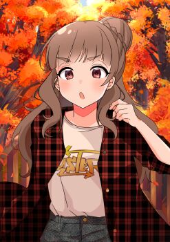 1girl :o blush brown_hair commentary denim hair_bun highres idolmaster idolmaster_cinderella_girls jacket kamiya_nao leaf long_hair looking_at_viewer maple_leaf maple_tree ngoyamagata outdoors plaid_clothes plaid_jacket print_shirt red_eyes red_jacket shirt single_hair_bun solo thick_eyebrows tree unmoving_pattern very_long_hair white_shirt