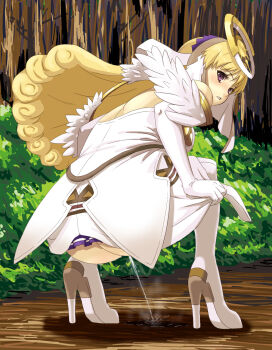 1girl ar_tonelico ar_tonelico_ii ass blonde_hair blush chroche_latel_pastalie elbow_gloves female_focus forest gloves gust hair_ornament high_heels highres hou_(hachiyou) long_hair looking_back nature no_panties pee peeing purple_eyes shoes solo squatting white_shoes