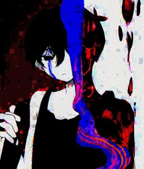 1boy antenna_hair black_eyes black_hair black_tank_top closed_mouth colored_skin double-parted_bangs hair_between_eyes highres holding holding_knife knife looking_at_viewer male_focus natunoiro omori omori_(omori) short_hair solo tank_top upper_body white_skin