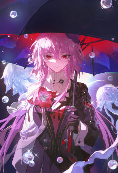 1girl absurdres black_dress black_flower black_gloves breasts chinese_commentary closed_mouth commentary_request dress evernight_(honkai:_star_rail) flower flower_ornament gloves hair_flower hair_ornament hairclip highres holding holding_umbrella honkai:_star_rail honkai_(series) long_hair long_sleeves looking_at_viewer march_7th_(honkai:_star_rail) medium_breasts official_alternate_costume official_alternate_design official_alternate_eye_color official_alternate_hair_length official_alternate_hairstyle parallel_hairclips pink_hair red_eyes red_flower relws single_bare_shoulder solo straight-on umbrella