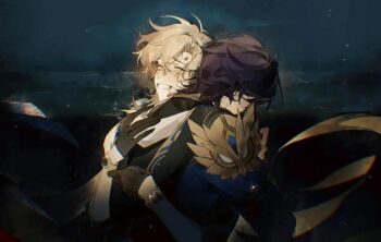 Rule 34 | 2boys, aventurine (honkai: star rail), black gloves, blonde hair, blood, blue hair, bracelet, dr. ratio (honkai: star rail), gloves, grin, highres, honkai: star rail, honkai (series), hug, injury, jacket, jewelry, male focus, mask on shoulder, multiple boys, relief, sash, scarf, short hair, smile, wildwolf group, yaoi