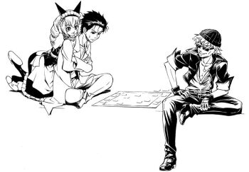 1girl 2boys akiha_rumiho animal_ears apron black_hair commentary_request eibon greyscale lab_coat long_hair maid maid_apron maid_headdress mayqueen_maid_uniform messy_hair monochrome multiple_boys okabe_rintarou pants science_adventure simple_background sitting smile steins;gate suzuki_katsuo white_background