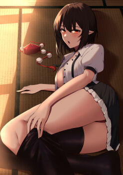 1girl absurdres ass black_hair black_skirt black_thighhighs breasts brown_eyes brown_hair buttons commentary_request feet_out_of_frame frilled_skirt frills hand_on_floor hat highres indoors keenii_(kenny86) large_breasts looking_at_viewer lying miniskirt on_floor on_side open_clothes open_mouth open_shirt pointy_ears pom_pom_(clothes) puffy_short_sleeves puffy_sleeves red_hat removing_sock shameimaru_aya shirt short_hair short_sleeves skirt solo tassel tatami thick_thighs thighhighs thighs tokin_hat touhou undressing unworn_hat unworn_headwear white_shirt