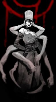 1girl arthropod_limbs bleeding blood blood_from_mouth bloody_tears chainsaw_man chef chef_hat closed_eyes disembodied_head extra_arms facing_viewer falling_devil_(chainsaw_man) flat_top_chef_hat hat highres holding_detached_head severed_head sorage_(f91_qhb0019)