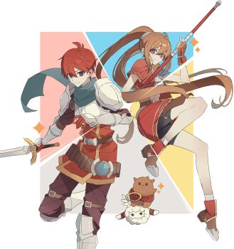 Rule 34 | 1boy, 1girl, absurdres, adol christin, ahoge, arm guards, armor, bike shorts, breastplate, brown eyes, brown gloves, cropped jacket, double-parted bangs, eiyuu densetsu, estelle bright, fingerless gloves, floating hair, george man, gloves, hair between eyes, highres, holding, holding staff, holding sword, holding weapon, long hair, looking at viewer, pauldrons, red gloves, sabaton, shoes, short hair, short sleeves, shoulder armor, sidelocks, single pauldron, skirt, smile, sneakers, sora no kiseki, staff, sword, twintails, weapon, ys, ys vs. sora no kiseki: alternative saga