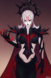 1girl 2025 arm_at_side arm_up armor black_eyeshadow black_lips black_pants bodysuit breastplate breasts cape collarbone commentary corruption cowboy_shot dark_persona demon_girl earrings energy english_commentary evil_grin evil_smile eyeshadow fang gradient_background grin hela_(marvel) hela_(queen_in_black)_(marvel) highres jewelry looking_at_viewer makeup marvel marvel_rivals medium_breasts official_alternate_costume pants parted_bangs pauldrons plate_armor possessed possession purple_background red_eyes skin_tight smgold smile solo spiked_pauldrons spikes spiral_print straight-on swirl symbiote torn_clothes torn_sleeves v-shaped_eyebrows weapon white_hair