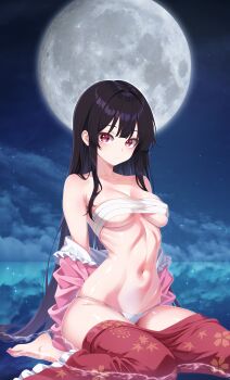 1girl absurdres bare_shoulders barefoot black_hair breasts chest_sarashi closed_mouth clothes_pull commentary_request full_moon highres houraisan_kaguya large_breasts leo23 long_hair looking_at_viewer moon navel night off_shoulder open_clothes open_shirt panties pink_shirt red_eyes red_skirt sarashi shallow_water shirt sitting_on_water skirt skirt_pull solo stomach touhou underboob underwear very_long_hair water white_panties