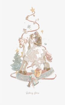 1boy 1girl black_gloves black_jacket box bridal_veil brown_hair chaoxibumian christmas_ornaments christmas_tree couple dress full_body gift gift_box gloves hetero highres hood hood_up jacket long_dress long_hair looking_at_another love_and_deepspace protagonist_(love_and_deepspace) purple_hair rafayel_(love_and_deepspace) rocking_horse shoes short_hair sitting sitting_on_lap sitting_on_person snow_globe veil white_dress white_shoes