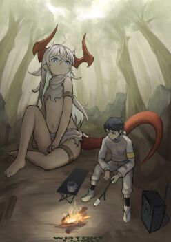 1boy 1girl absurdres ahoge akemiya_genma armlet artist_name bad_id bad_twitter_id barefoot black_hair campfire camping cup dragon_girl fire flat_chest folding_table food forest giant giantess hair_between_eyes hand_on_own_thigh highres horns jacket jewelry long_hair looking_at_another marshmallow mug nature navel original outdoors pants red_horns red_tail sitting size_difference table thighlet tree white_hair white_jacket white_pants