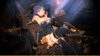 1girl 3d absurdres anna_anon armpits arms_up black_dress black_thighhighs breasts closed_mouth dot_nose dress elbow_gloves gloves gold hands_up highres large_breasts looking_at_viewer original presenting_armpit short_hair sitting sword thighhighs thighs tora_(anna_anon) weapon