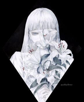 1girl black_background bouquet colored_skin commentary_request dress flower highres holding holding_bouquet lily_(flower) long_hair looking_at_viewer original painting_(medium) ringo_komachi solo traditional_media upper_body watercolor_(medium) white_dress white_eyes white_skin