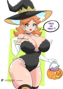 1girl black_leotard black_thighhighs blue_eyes bouncing_breasts breasts brown_hair bucket cleavage collarbone condom condom_packet_strip condom_wrapper dildo earrings flower_earrings gloves halloween halloween_bucket halloween_costume hat holding holding_bucket holding_wand jewelry large_breasts leotard long_hair looking_at_viewer mario_(series) momocka-art nintendo open_mouth princess_daisy sex_toy smile speech_bubble standing star_(symbol) striped_clothes striped_thighhighs teeth thick_thighs thighhighs thighs trick_or_treat wand white_background white_gloves wide_hips witch witch_hat