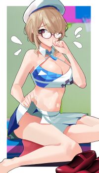 1girl absurdres blue_archive breasts brown_hair cheerleader cleavage closed_mouth glasses haerge hair_over_one_eye highres honkai_(series) honkai_impact_3rd large_breasts midriff millennium_cheerleader_outfit_(blue_archive) navel purple_eyes rita_rossweisse skirt smile solo stomach white_skirt