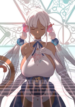 1girl absurdres breasts closed_eyes elbow_gloves female_focus gloves hair_ornament hand_on_own_chest highres hololive hololive_english large_breasts long_hair low_twintails physics planet_hair_ornament sideboob smile solo tsukumo_sana tsukumo_sana_(1st_costume) twintails virtual_youtuber wesly2300