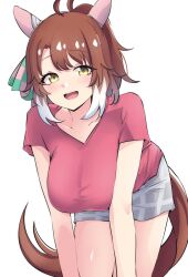 Rule 34 | 1girl, absurdres, ahoge, animal ears, bent over, blush, breasts, brown hair, casual, collarbone, dantsu flame (umamusume), highres, horse ears, horse girl, horse tail, large breasts, latte, medium hair, open mouth, shorts, solo, tail, umamusume, white background
