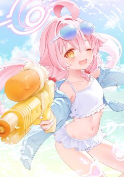 1girl ;d absurdres ahoge beach bikini bikini_skirt blue-tinted_eyewear blue_archive blue_jacket blue_sky blush breasts cloud collarbone commentary_request day drawstring eyewear_on_head fang frilled_bikini frills hair_between_eyes hair_bobbles hair_ornament halo highres holding holding_water_gun hoshino_(blue_archive) hoshino_(swimsuit)_(blue_archive) jacket long_hair long_sleeves looking_at_viewer low_twintails navel nifuji ocean off_shoulder official_alternate_costume one_eye_closed open_clothes open_jacket open_mouth outdoors pink_hair pink_halo skin_fang sky small_breasts smile solo sunglasses swimsuit tinted_eyewear twintails water water_gun white-framed_eyewear white_bikini yellow_eyes