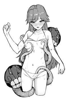 1girl arashio_(kancolle) bikini bikini_top_lift blush breasts clothes_lift commentary_request consensual_tentacles cropped_legs enemy_naval_mine_(kancolle) greyscale hand_up highres kantai_collection kirchoff long_hair looking_down medium_breasts monochrome navel nipples open_mouth sagging_breasts simple_background standing string_bikini sweat swimsuit tentacles tentacles_under_clothes white_background