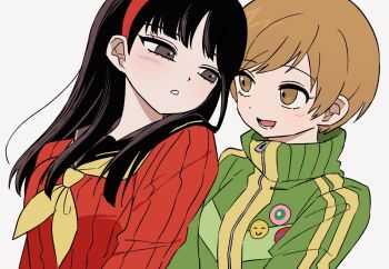 2girls :d amagi_yukiko badge black_hair black_sailor_collar blunt_bangs blush brown_eyes brown_hair button_badge cardigan commentary_request green_jacket hairband highres jacket korean_commentary long_hair looking_at_another lower_teeth_only multiple_girls neckerchief open_mouth parted_lips persona persona_4 portrait red_cardigan red_hairband ribbed_cardigan sailor_collar satonaka_chie school_uniform shiryoku_kensa short_hair simple_background smile teeth track_jacket white_background yasogami_school_uniform yellow_neckerchief zipper
