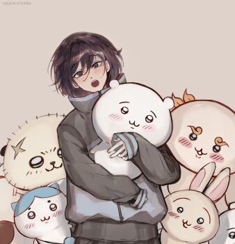 1boy 6+others :o absurdres black_eyes black_hair blush character_doll character_request check_character crossover doll highres hugging_object jacket logicsterrr looking_at_viewer multiple_others oversized_jacket shadow_slave short_hair sunny_(shadow_slave) teeth upper_teeth_only