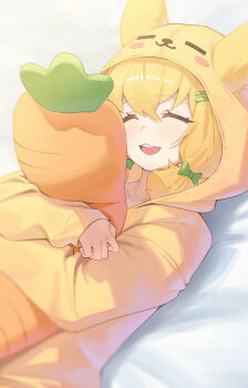 1girl :d absurdres alternate_costume animal_hood arknights blonde_hair bow carrot-shaped_pillow closed_eyes commentary_request daeyu_k facing_viewer green_bow hair_bow hair_ornament hairclip highres hood hood_up hugging_object kroos_(arknights) long_sleeves lying on_back on_bed open_mouth pillow pillow_hug rabbit_hood sleeves_past_wrists smile solo upper_body white_background