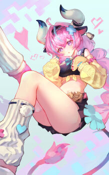 1girl absurdres animal_ears bandaid bandaid_on_face bell bell_earrings black_skirt blue_background blue_bow bow braid breasts commentary_request cow_ears cow_girl cow_horns cow_tail ear_bell earrings feet_out_of_frame food genshin_impact hands_up heart highres holding holding_food horns jewelry looking_at_viewer multicolored_hair navel osushi_tabetarou pink_eyes pink_hair simple_background skirt socks solo streaked_hair taco tail twin_braids varesa_(genshin_impact) white_socks yellow_sleeves