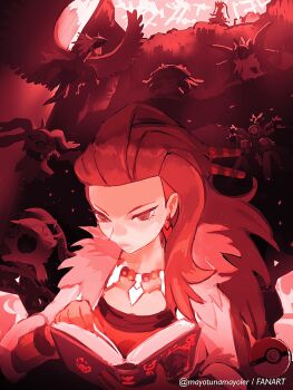 1girl book brute_bonnet bug dragon fangs flutter_mane fur-trimmed_collar fur_trim hair_pulled_back highres holding holding_book jewelry koraidon limited_palette long_hair looking_down mayotsunamayo necklace nintendo open_book open_mouth poke_ball poke_ball_(basic) pokemon pokemon_(creature) pokemon_sv reading red_light roaring_moon professor_sada sandy_shocks scream_tail sharp_teeth slither_wing solo_focus teeth