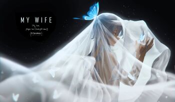 1girl absurdres alternate_costume armlet artist_name bare_shoulders blue_butterfly bra bridal_veil bug butterfly commentary dark_background english_commentary english_text from_side hands_up highres insect jewelry lufi_ays making-of_available profile purple_eyes shorekeeper_(wuthering_waves) solo underwear upper_bod veil white_bra white_veil wuthering_waves