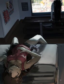 2girls absurdres azumanga_daiou bed controller english_text game_console highres keep_calm_and_carry_on liamickpie lying multiple_girls on_back playstation_5 poster_(object) ps5_controller sleeping tanizaki_yukari television the_ring yamamura_sadako