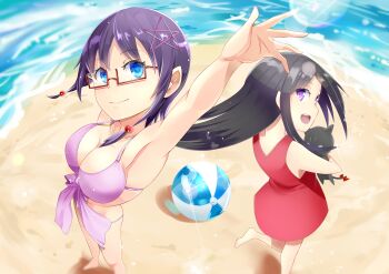 Rule 34 | 2girls, absurdres, bare shoulders, bikini, black hair, blue eyes, blush, bra, breasts, cleavage, corpse party, dress, glasses, hair ornament, highres, large breasts, long hair, looking at viewer, looking back, multiple girls, open mouth, purple eyes, purple hair, saenoki naho, shinozaki sachiko, shirowa, short hair, smile, stuffed animal, stuffed toy, swimsuit, underwear