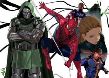 1girl 5boys animal_print armor avengers_(series) black_hair blonde_hair blue_bodysuit bodysuit brown_hair cape captain_america commentary_request crossed_arms cyclops_(x-men) doctor_doom eye_beam facial_hair fake_horns green_cape green_eyes green_tunic group_picture head-mounted_display highres hood hooded_cape horned_headwear horns lips loki_(marvel) marvel mask medium_hair metal_mask mugi_(mugit49) multicolored_bodysuit multiple_boys peter_parker power_armor sam_wilson shield short_hair signature silk spider-man spider-man_(series) spider_print spider_web superhero_costume tunic web_shooter white_background x-men x-uniform yelena_belova yellow_bodysuit