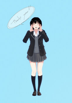 Rule 34 | 1girl, absurdres, amagami, black eyes, black hair, black jacket, black sailor collar, black socks, blazer, blue background, closed eyes, collared shirt, commentary, english text, full body, gradient background, grey skirt, grey sweater, hands on own face, hands up, highres, jacket, kibito high school uniform, kneehighs, loafers, long sleeves, miniskirt, nanasaki ai, open mouth, oshizu, pleated skirt, sailor collar, school uniform, shirt, shoes, short hair, shouting, skirt, socks, solo, speech bubble, standing, sweater, thank you, white shirt, winter uniform