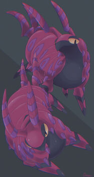 animal_focus chromatic_aberration commentary_request full_body gen_5_pokemon grey_background highres nintendo no_humans ouran pokemon pokemon_(creature) scolipede signature simple_background two-tone_background yellow_eyes