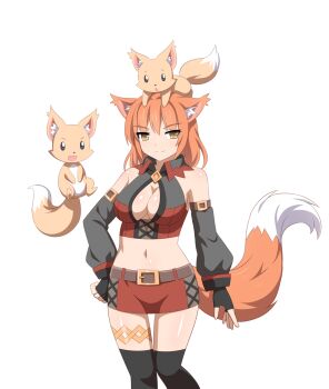 1girl 2others animal_ears fingerless_gloves fox_ears fox_tail fox_tamer_(sakura_dungeon) gloves highres light_smile miniskirt multiple_others official_art orange_eyes orange_hair sakura_dungeon skirt sleeveless sprite standing tail thighhighs wanaca
