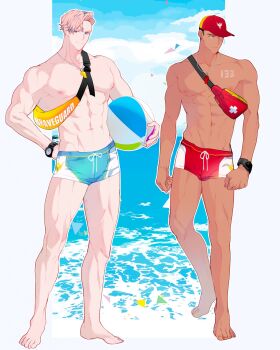 Rule 34 | 2boys, ao isami, bag, bara, black hair, blonde hair, blue eyes, blue male swimwear, blush, clock, commentary request, highres, lewis smith, lifeguard, llld (2ldk1241), male focus, male swimwear, multiple boys, muscular, muscular male, ocean, shoulder bag, whistle, yuuki bakuhatsu bang bravern