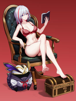 1girl absurdres bare_shoulders barefoot blue_eyes book bra breasts chair closed_mouth coin collarbone colored_inner_hair commentary_request crossed_legs feet full_body grey_hair hair_between_eyes hair_ornament highres holding holding_book holding_coin honkai:_star_rail honkai_(series) large_variant_set linea_alba looking_at_viewer medium_breasts medium_hair multicolored_hair nail_polish navel numby_(honkai:_star_rail) on_chair open_book paid_reward_available panties pink_hair red_background red_bra red_nails red_panties sitting smile soles stomach streaked_hair thighs toenail_polish toenails toes topaz_(honkai:_star_rail) treasure_chest trotter_(honkai:_star_rail) underwear underwear_only variant_set yunkaiming