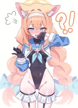 !? 1girl alternate_costume animal_ear_fluff animal_ears black_gloves black_leotard blue_archive blue_eyes blush breasts cat_ears cat_girl cosplay gloves hair_between_eyes halo highleg highleg_leotard highres leotard long_hair looking_at_viewer mari_(blue_archive) open_mouth orange_hair poko050498 shimiko_(blue_archive) shimiko_(blue_archive)_(cosplay) shimiko_(magical)_(blue_archive) sidelocks solo sweat thigh_strap yellow_halo