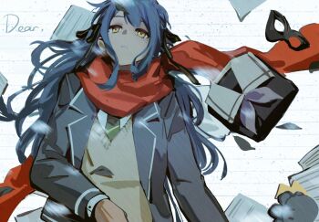 Rule 34 | 1girl, bang dream!, bang dream! it's mygo!!!!!, blue hair, brown sweater, commentary, cracy logan, grey jacket, hair ribbon, haneoka school uniform, hashtag-only commentary, jacket, long hair, long sleeves, lying, mask, on back, open clothes, open jacket, open mouth, red scarf, ribbon, scarf, school uniform, sidelocks, solo, sweater, togawa sakiko, tsukinomori school uniform, unworn clothes, unworn mask, yellow eyes