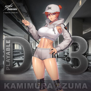 1girl action_taimanin alternate_costume bad_tag baseball_cap breasts cara_the_blood_lord curvy gym gym_uniform hat helmet hood kagami_hirotaka kamimura_azuma knee_pads large_breasts lilith-soft looking_at_viewer navel official_alternate_costume purple_eyes red_hair shiny_skin short_hair shorts solo sportswear taimanin_(series) wide_hips