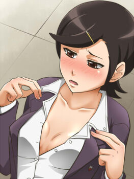 1girl awa black_hair blush breasts brown_eyes character_request collarbone hair_ornament hairclip open_mouth phi_brain_puzzle_of_god short_hair solo