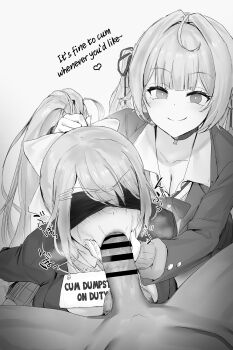 1boy 2girls :>= absurdres arms_behind_back assisted_fellatio bar_censor bisexual_female blazer blindfold bow breast_press breasts cardigan censored choker cleavage collared_shirt commentary_request fellatio ffm_threesome grabbing_another's_chin grabbing_another's_hair greyscale group_sex hair_bow hair_ornament hair_ribbon hairclip hand_on_another's_chin hard-translated hetero highres higuchi_kaede holding_another's_hair hoshikawa_sara irrumatio jacket large_breasts long_sleeves looking_at_another looking_at_viewer monochrome multiple_girls nijisanji open_clothes open_jacket oral penis plaid_clothes plaid_skirt ponytail pov ribbon saliva sanuki_(kyoudashya) school_uniform sexual_coaching shirt side_ponytail sign sign_around_neck simple_background skirt smile speech_bubble testicles third-party_edit threesome translated virtual_youtuber