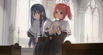 2girls absurdres akemi_homura black_hair black_hairband capelet carrying church closed_mouth commentary goback hair_ribbon hairband highres kaname_madoka kyubey long_hair looking_at_another looking_at_viewer mahou_shoujo_madoka_magica mahou_shoujo_madoka_magica_(anime) multiple_girls pink_ribbon priestess red_eyes red_hair ribbon short_hair smile solo statue symbol-only_commentary twintails white_capelet