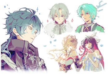 2girls 3boys antenna_hair aqua_hair artist_name bare_shoulders black_choker black_hair black_jacket black_shirt black_sleeves blonde_hair blue_eyes blue_hair blunt_bangs choker closed_eyes closed_mouth colored_inner_hair columbina_(genshin_impact) commentary_request crossed_bangs detached_collar detached_sleeves dottore_(genshin_impact) dress earrings empty_eyes feathered_wings flins_(genshin_impact) floating_hair frills fur-trimmed_jacket fur_trim gem genshin_impact gradient_hair green_robe grey_hair grey_jacket hair_bun hair_ornament hands_up happy head_wings highres illuga_(genshin_impact) innagaja jacket jewelry juliet_sleeves korean_commentary lapels long_hair long_sleeves looking_at_viewer looking_to_the_side multicolored_hair multiple_boys multiple_girls multiple_wings off-shoulder_dress off_shoulder open_clothes open_jacket open_robe own_hands_together pendant petals pink_eyes pink_hair puffy_sleeves purple_pupils red_gem robe sandrone_(genshin_impact) shirt short_hair short_hair_with_long_locks sidelocks signature single_earring sleeveless sleeveless_dress smile sparkle strapless strapless_dress teeth tongue two-tone_hair upper_body wavy_hair white_dress white_hair white_headdress wide_sleeves wings x_hair_ornament yellow_eyes