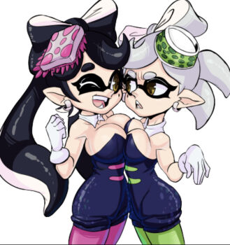 black_dress breasts callie_(splatoon) cleavage docking dress earrings gloves hair_ornament hair_ribbon jewelry large_breasts marie_(splatoon) mole nintendo one_eye_closed pointy_ears pushing_breasts_together ribbon size_comparison size_difference splatoon_(series) squid_girl squidling teevo tentacle_hair thighhighs white_gloves white_ribbon